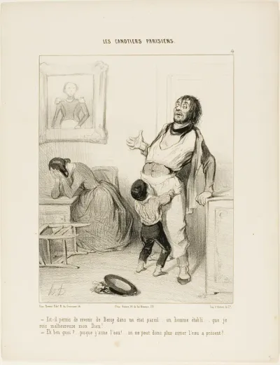 “- It really shouldn't be allowed to return from Bercy in a state like this.... an established man like you.... I am so unhappy, my God! - What's wrong?...after all, I like the water.... am I not allowed to like the water anymore?,” plate 4 from Les 