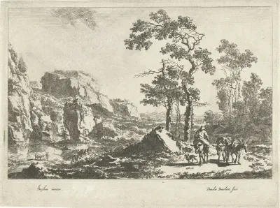 Italiaans berglandschap met drie muilezels en muilezeldrijver