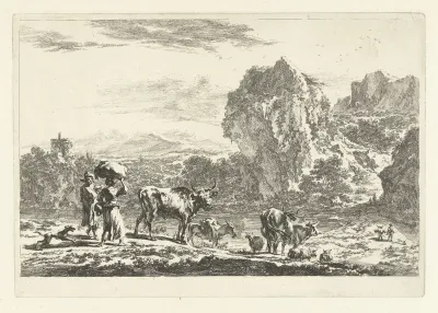 Italiaans berglandschap met herder en herderin bij rivieroever