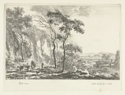 Italiaans berglandschap met muilezels, herders en vee