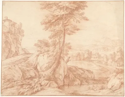 Italiaans landschap met een boom bij een rots