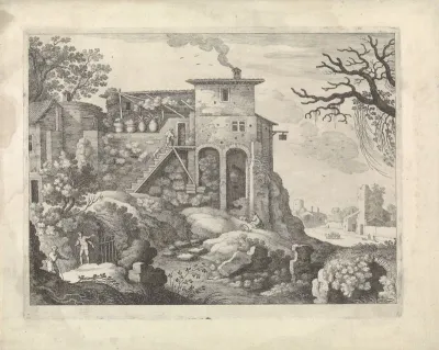 Italiaans landschap met een herberg