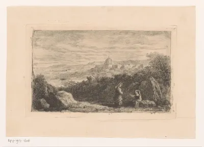 Italiaans landschap met een meer, een stad en twee vrouwen op de voorgrond