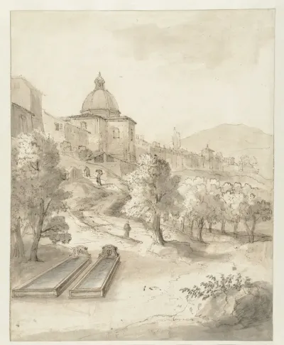 Italiaans landschap met een stad op een heuvel