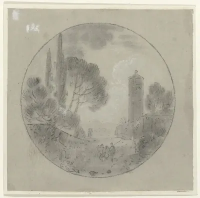 Italiaans landschap met enige figuren op een weg