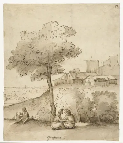 Italiaans landschap met enkele figuren onder een boom