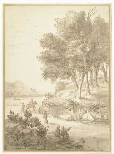 Italiaans landschap met figuren op een weg en een rivier in de achtergrond