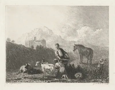 Italiaans landschap met geitenmelkster