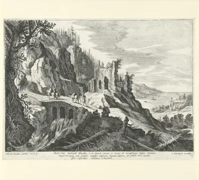Italiaans landschap met gezicht op een ruïne en de kust