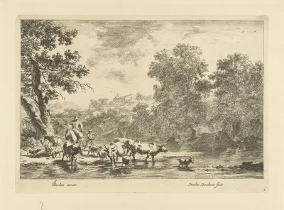 Italiaans landschap met herder te paard en vee bij rivier