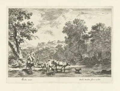 Italiaans landschap met herder te paard en vee bij rivier
