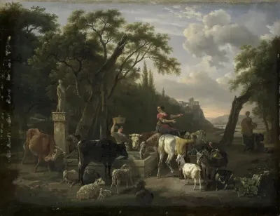 Italiaans landschap met herders en vee bij een drenkplaats