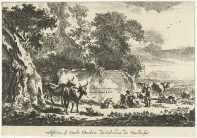 Italiaans landschap met herders en vee rustend bij rots
