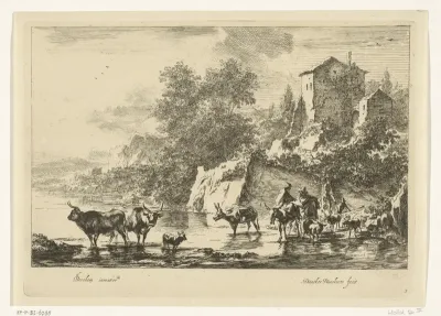 Italiaans landschap met herders, koeien en ezels in het water