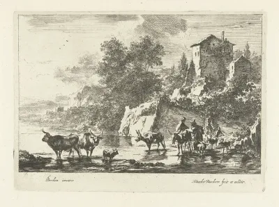 Italiaans landschap met herders, koeien en ezels in het water