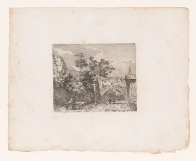 Italiaans landschap met ossenwagen bij dorp
