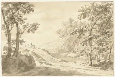 Italiaans landschap met reizigers in de verte