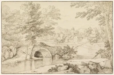 Italiaans landschap met ruïne van een brug