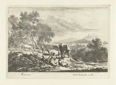 Italiaans landschap met spinnende vrouw en ploegende boer