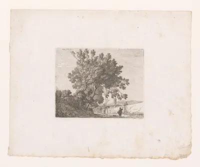 Italiaans landschap met stadsmuur en man op ezel