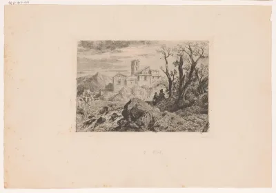 Italiaans landschap met twee figuren op een rots en een klooster op de achtergrond