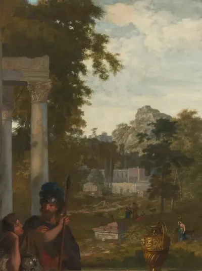 Italiaans landschap met twee Romeinse soldaten