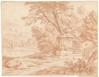 Italiaans landschap met vervallen fontein