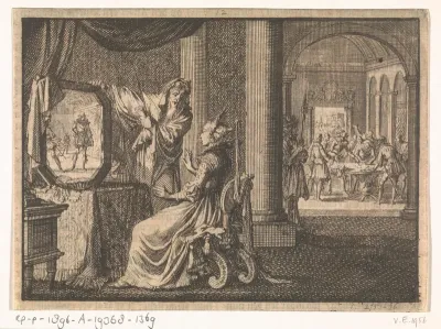 Italiaanse tovenaar laat Catharina de' Medici in een spiegel de toekomst van haar zonen zien, ca. 1560