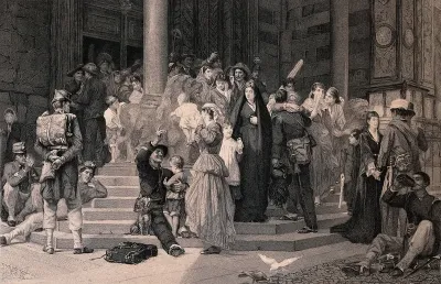 Italian families gather on the steps of Santa Maria Maggiore, Bergamo, to greet men who are returning home after military service