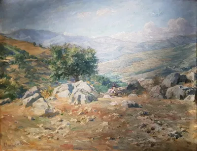 Italian mountain panorama with a shepherd.