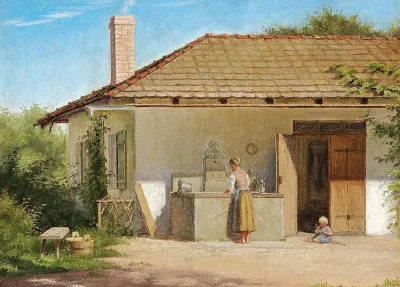 Italian scene with a woman and a child playing.