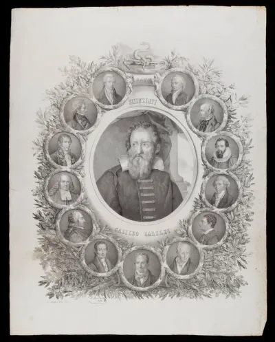 Italian scientists: Galileo in the centre, others in orbit around him