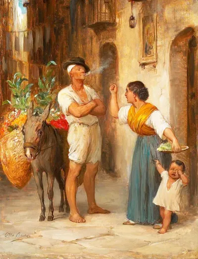 Italian street scene with a woman scolding a greengrocer with a donkey.
