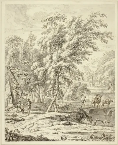 Italianate Landscape with Figures Crossing Bridge