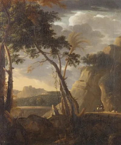 Italianate landscape with travellers on a country path