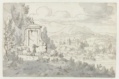 Italianate River Landscape with Musicians, Shepherds and a Monument