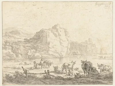 Italianiserend berglandschap met herders en een vrouw die een koe melkt