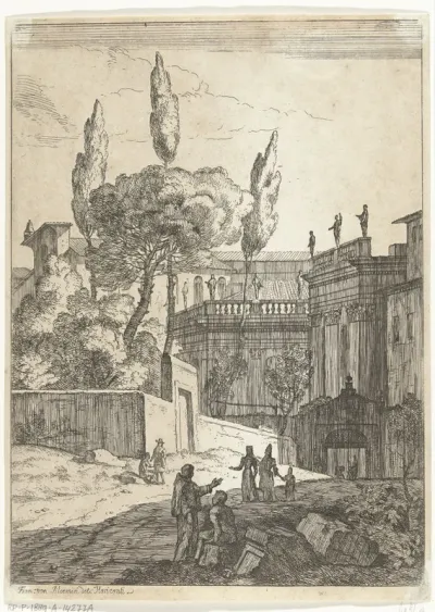 Italianiserend landschap met antieke gebouwen en figuren
