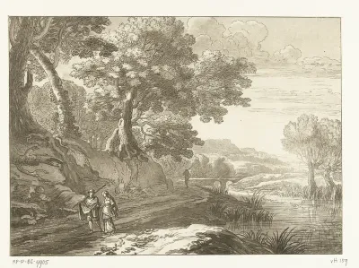 Italianiserend landschap met drie wandelaars