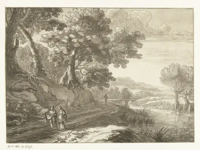 Italianiserend landschap met drie wandelaars