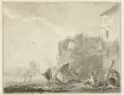 Italianiserend landschap met een ruïne, twee mensen bij een vuurtje en ezeltjes