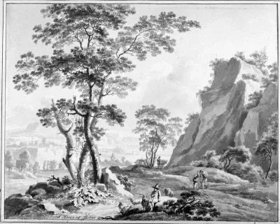 Italianiserend landschap met figuren, tekening, pen en penseel in grijs door Hendrik Hoogers (1747-1814)
