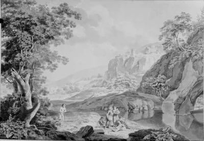 Italianiserend landschap met figuren, tekening, penseel in grijs door Hendrik Hoogers (1747-1814)