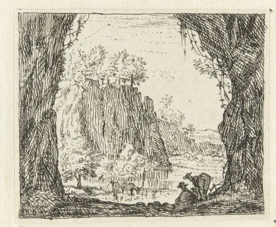 Italianiserend landschap met geiten bij een rivier