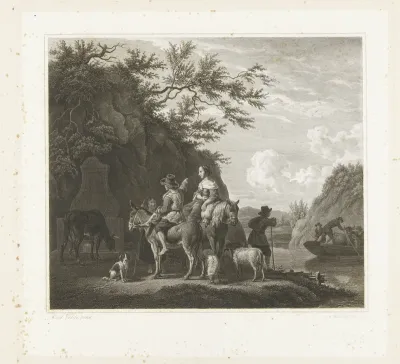 Italianiserend landschap met herders die op veerpont wachten