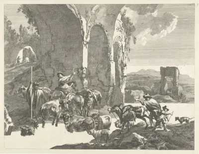 Italianiserend landschap met herders en vee