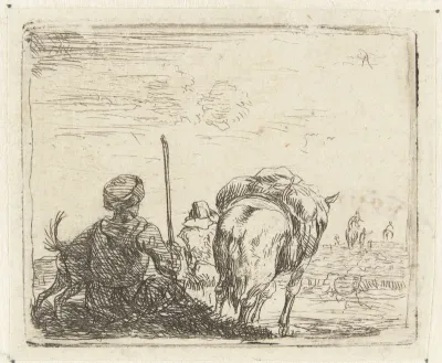 Italianiserend landschap met man, hond, herder en paard