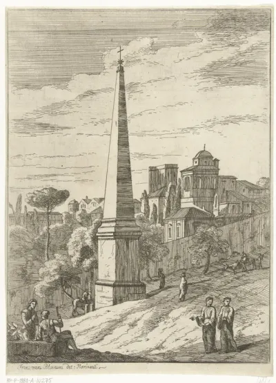 Italianiserend landschap met obelisk en gezicht op stad