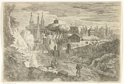 Italianiserend landschap met reizigers bij stadsmuren