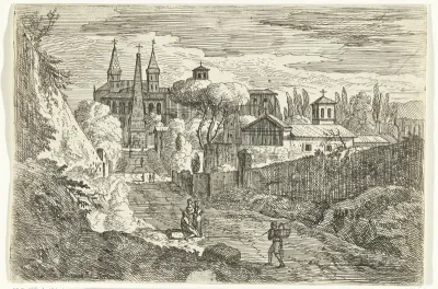 Italianiserend landschap met reizigers bij stadsmuren